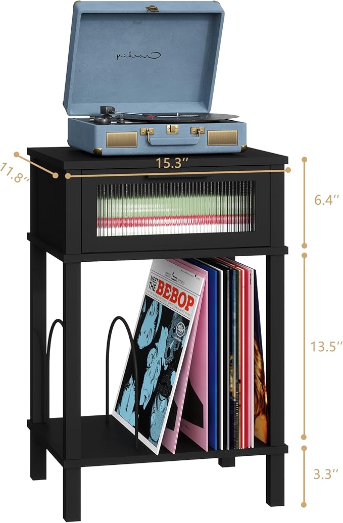 End Table with Record Player Stand, Side Table with Storage, 2-Tier Nightstand - Image 3
