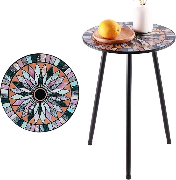 1 Pack Metal Mosaic Round Side Table Small 13.4" End Patio Round Accent Table by Party+Zealot
