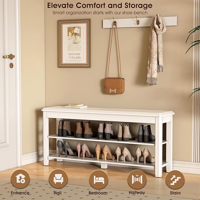 Shoe Rack Bench Seat Rubberwood 2-Tier Wooden Storage Bench 550lbs Compact - Image 3