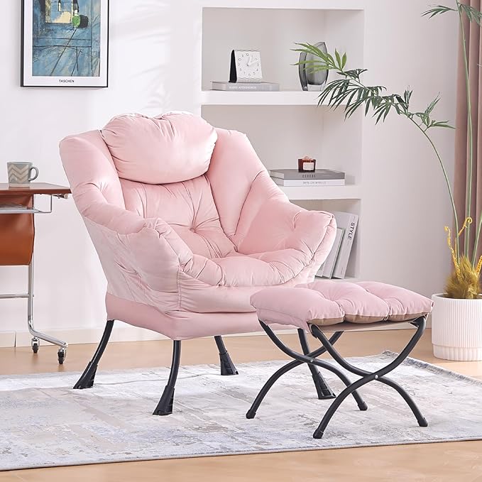 Lazy Chair with Folding Ottoman, Modern Accent Lounge Armchair with Armrests - Image 2