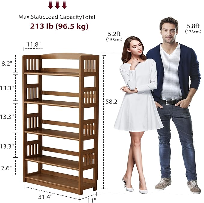 5-Tier Solid Wood Open Bookcase, Modern Display Bookshelf, Farmhouse Wide - Image 3