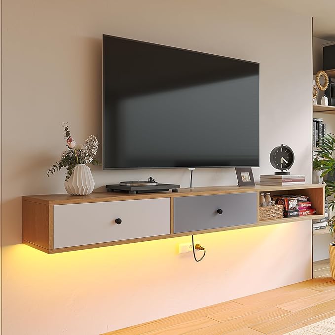 Modern Floating TV Stand with Doors, 70 Inch Wall Mounted TV Console, Floating - Image 8