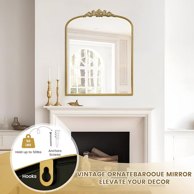 WallBeyond Gold Vintage Mirror for Vanity 28x36 Inch, Arched Vintage Wall - Image 6