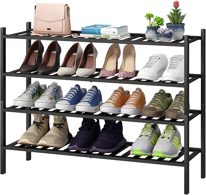 Black 4-Tier Long Shoe Rack, Bamboo Wood by VIEWCARE