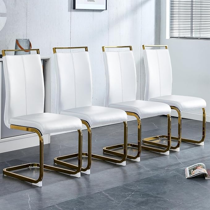 Modern Dining Chairs Set of 4, High Back White Kitchen Chairs, Faux Leather by Gopop