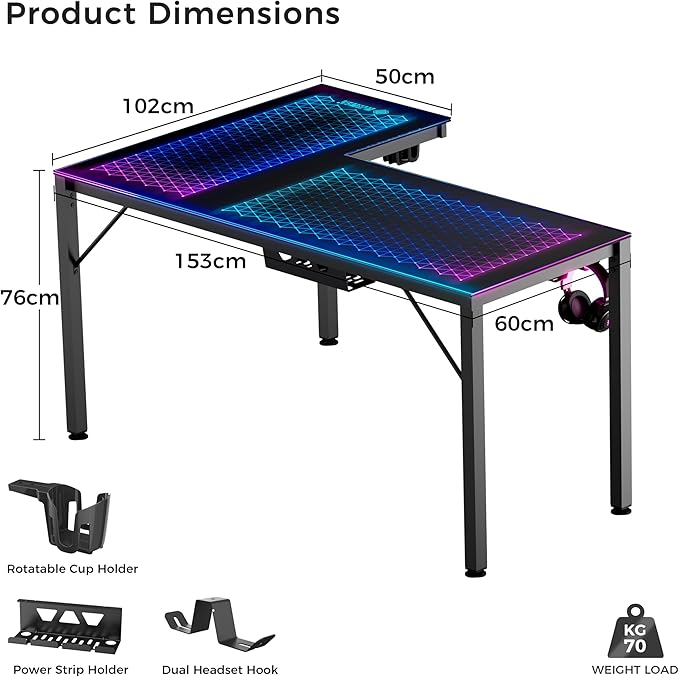 EUREKA ERGONOMIC RGB LED Lights 60 Inch L Shaped Reversible Black Glass Gaming - Image 3