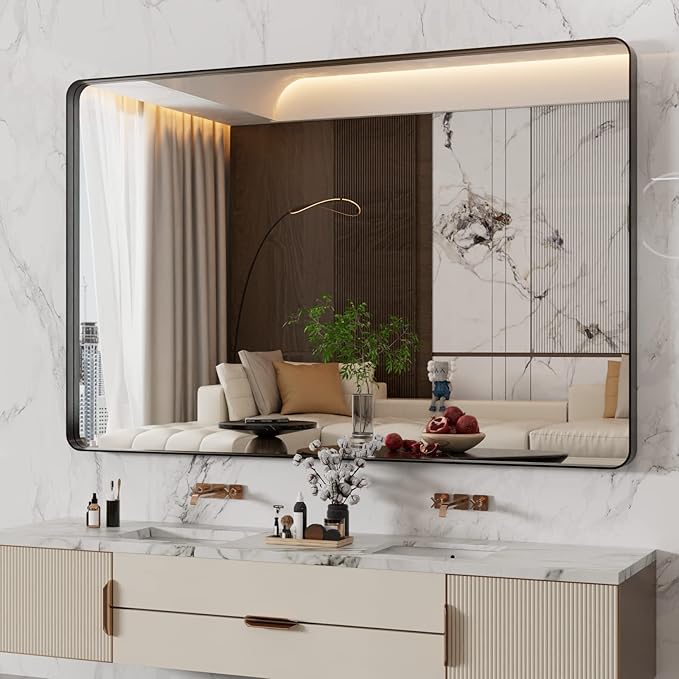 WEER 55X36 Inch Black Metal Framed Bathroom Mirror, Rounded Rectangular Matte by WEER