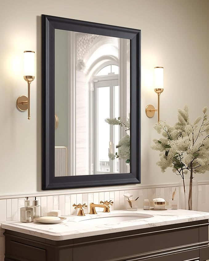 CULER Black Wood Wall Mirror for Bathroom, Rectangle Rustic 24 x 36 inch - Image 4