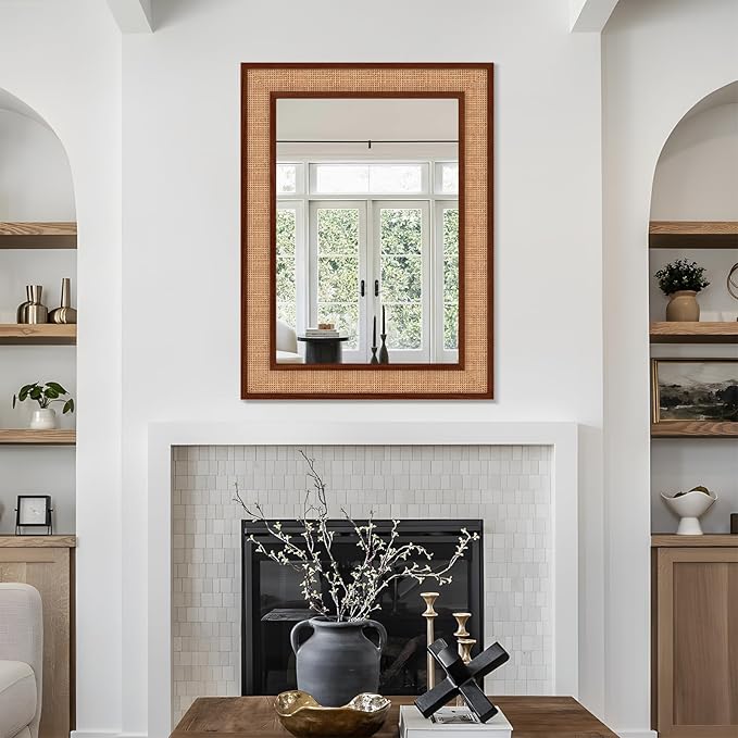 Rattan Wall Mirror with Wooden Framed 24 X 32 inch Farmhouse Rectangle Wood - Image 3