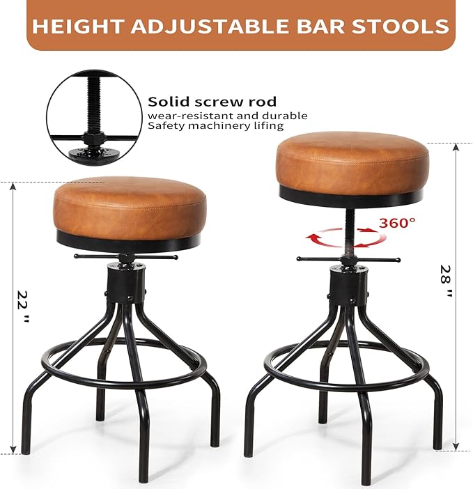 Industrial Bar Stools Set of 2 Adjustable Swivel Round Barstools Modern PU - Image 5