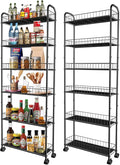 Slim Storage Cart with Wheels, 6-Tier 6in Black Narrow Rolling Shelf, Sturdy by RUOZTEOO