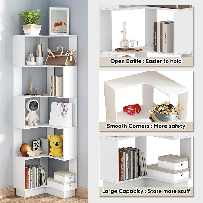 Corner Bookshelf, 68.9" Tall Wooden Corner Bookcase 5 Tiers L-Shaped Storage - Image 4