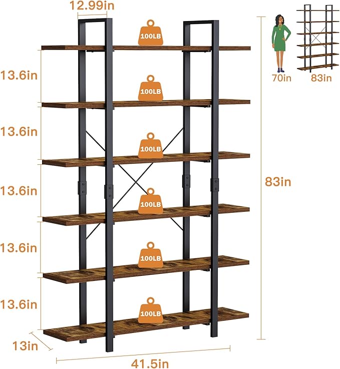 FRAPOW Bookshelf, 6 Tier Book Shelf 83Inch Tall Bookcase, Industrial Large - Image 2