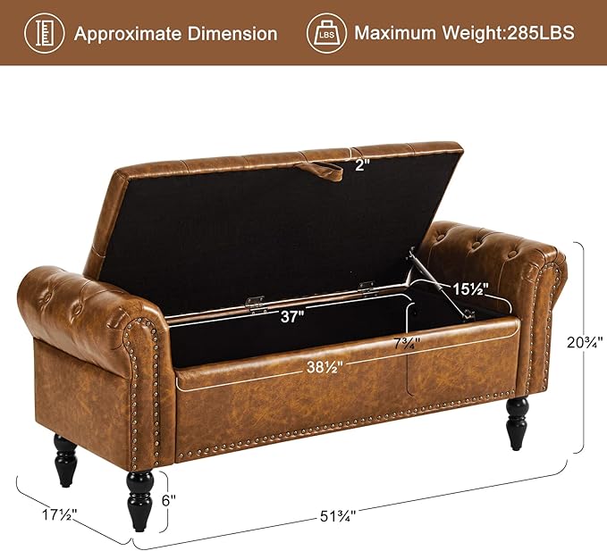 Furniliving Storage Ottoman Bench, Leather Benches End of Bed Bench - Image 3