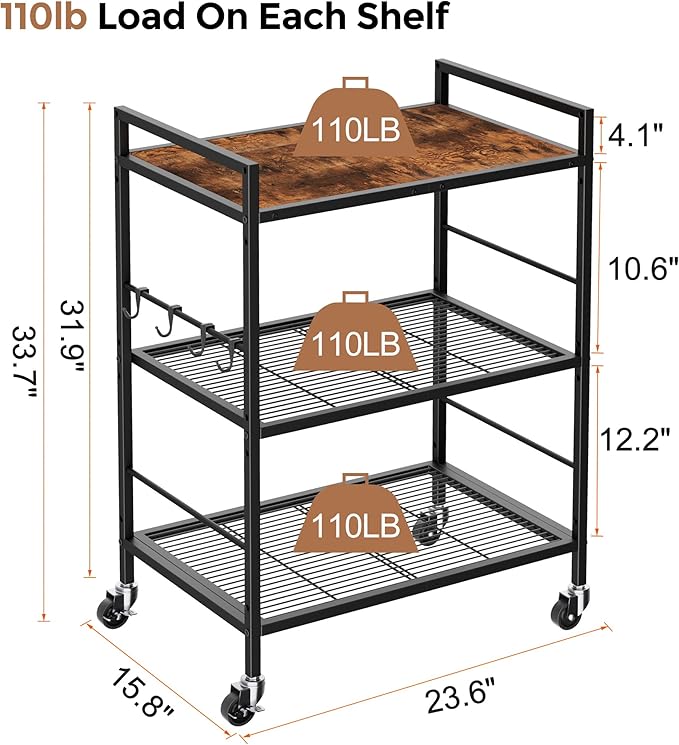 3-Tier Kitchen Cart with Adjustable Shelves - Image 8