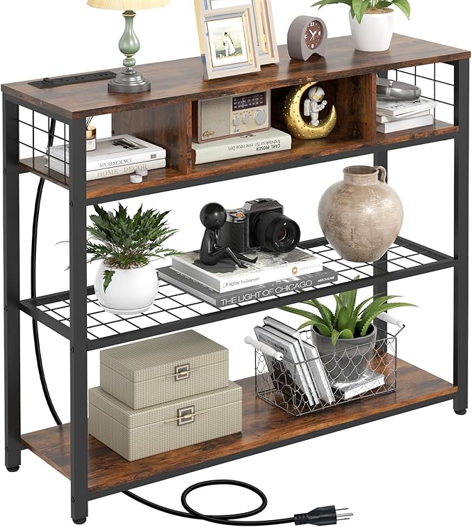 Console Tables with Charging Station, 4 Tier Narrow Sofa Tables with Storage by Livofloral