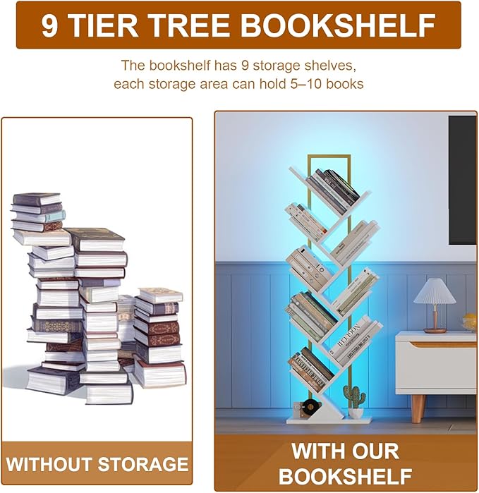 Tree Book Shelf with LED Lights, 9 Tier Floor Standing Bookcase, Classical - Image 5
