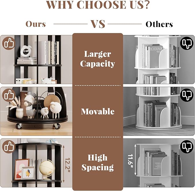 4 Tier Rotating Bookshelf with Brake Wheels, 360° Spinning Bookcase, Vertical - Image 6