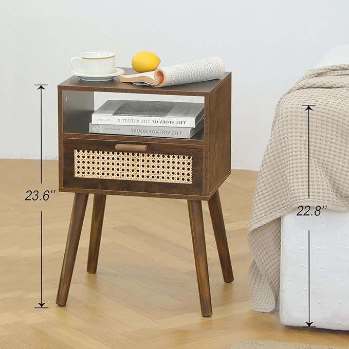MaxSmeo Mid Century Nightstand, Rattan Side Table - Image 9