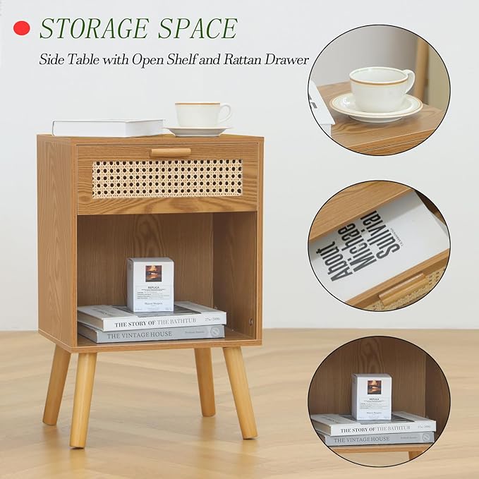 Mid Century Modern Nightstand, Rattan Bedside Table - Image 4