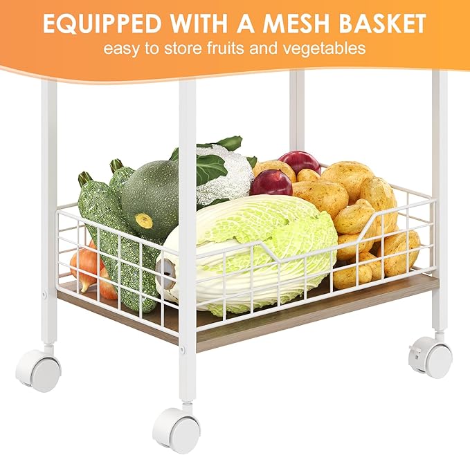 Microwave Cart with Storage, 3-Tier Rolling Kitchen Stand with Basket, Wood and - Image 8