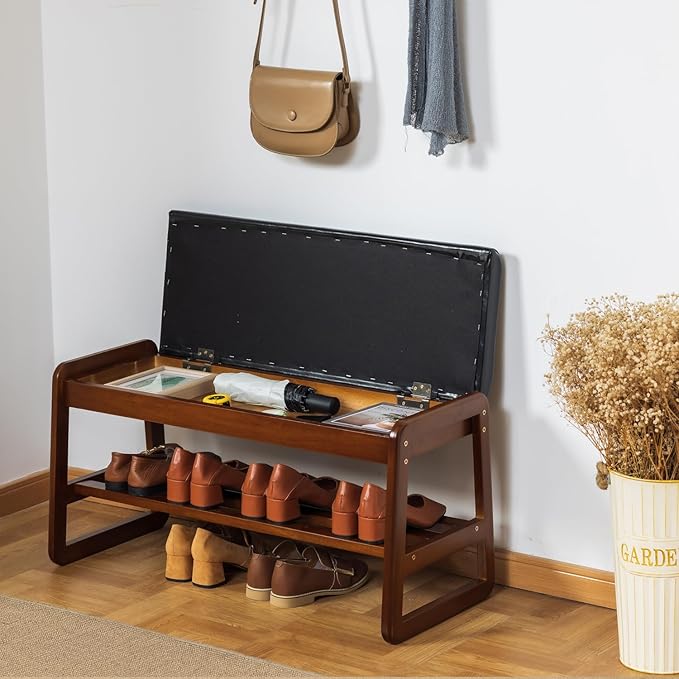 Solid Wood Shoe Bench, 2-Tier Entryway Bench by SOBIBO