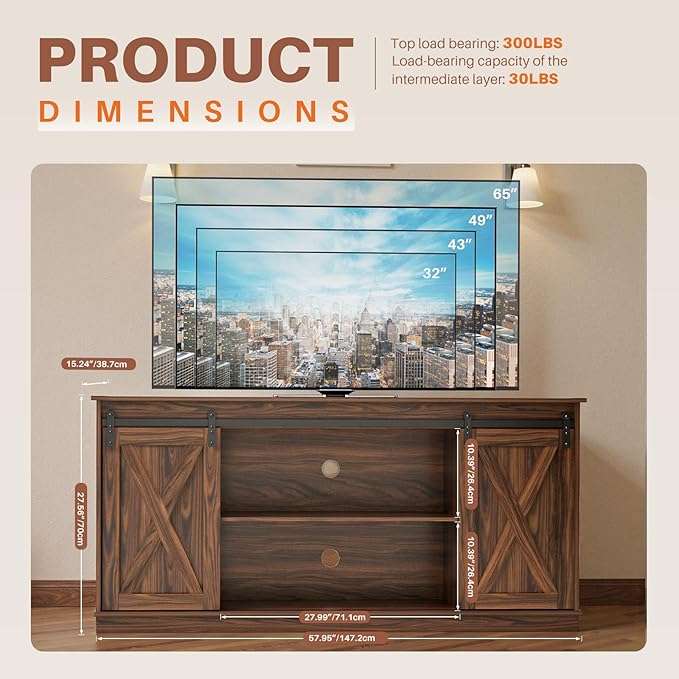 Sweetcrispy Farmhouse TV Stand for Living Room Bedroom Brown 65 Inch, Tall - Image 3