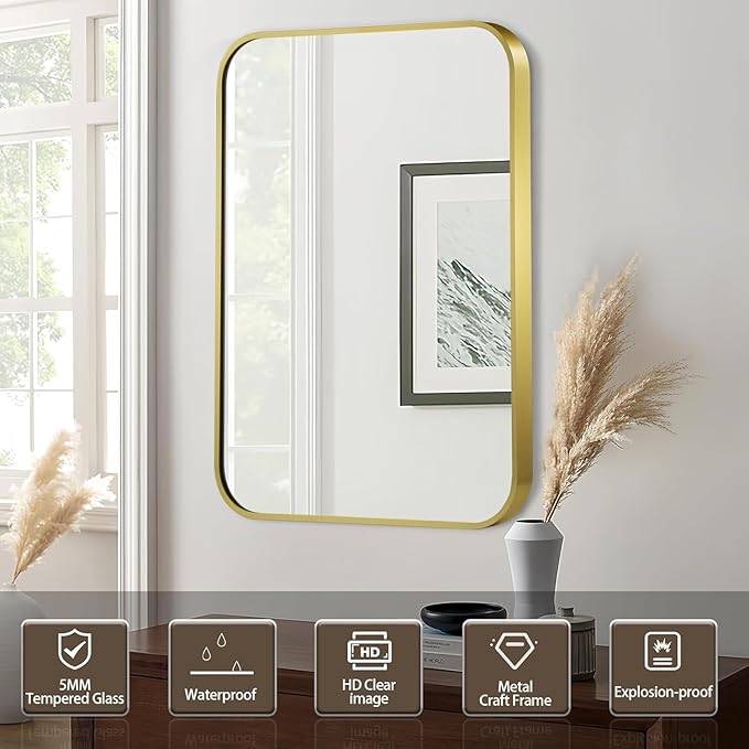 Matte Gold Mirror, 40x30 Inch Brushed Gold Mirror, Aluminum Alloy Framed Vanity - Image 2