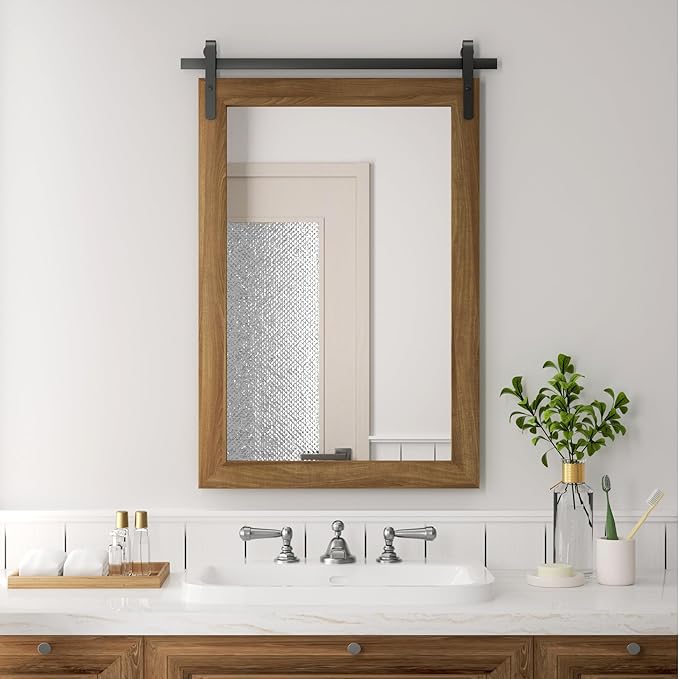 Farmhouse Wall Mirror, Rustic Wood Frame Bathroom Mirror Barn Door Inspired - Image 7