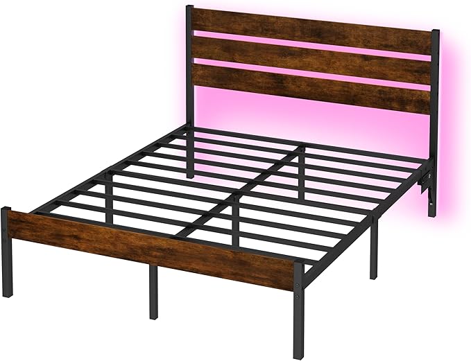 Full Size Bed Frame with Headboard, Heavy Duty LED Bed Frame with USB Charging - Image 7