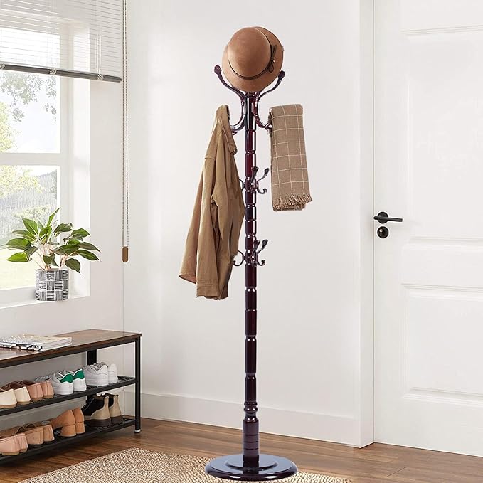Coat Racks Free Standing with 14 Hooks, Natural Wood Coat Stands - Image 2