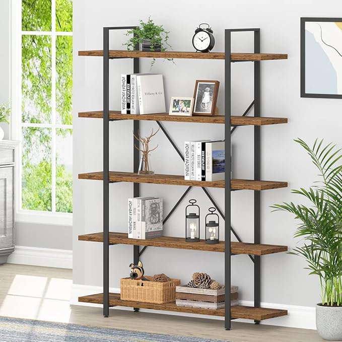 HSH Rustic Bookcases and Book Shelves 5 Shelf, Metal Wood 5 Tier Bookshelf and by HOMESWEETHOME