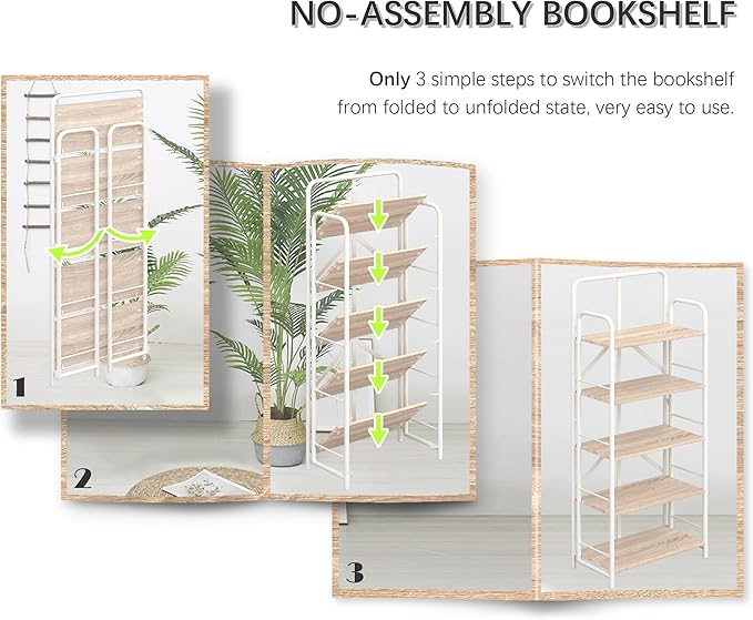 4NM No Assembly Folding Bookshelf 5 Tiers Vintage Industrial White Book Shelf - Image 7