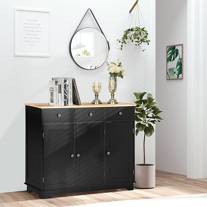 HOMCOM Sideboard with Solid Wood Countertop, Modern Kitchen Storage Cabinet - Image 2