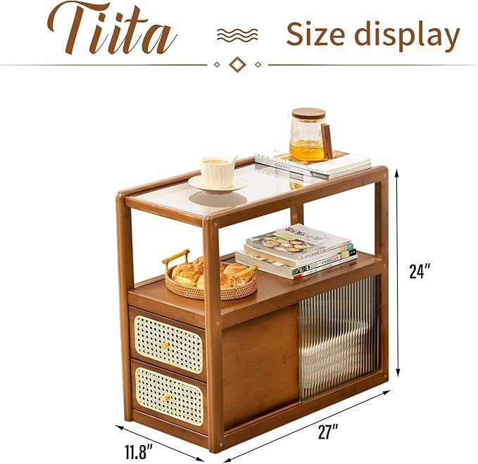 Tiita Rattan Nightstand Side Table, Bamboo Accent Bedside Tables, Glass Coffee - Image 2
