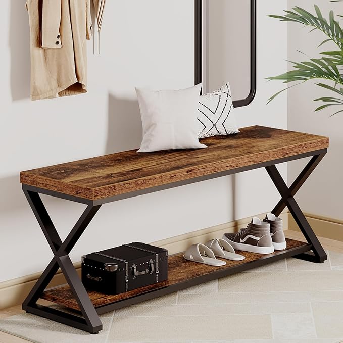 IBF Farmhouse Wood Bench, Industrial Storage Entryway Indoor Bench - Image 3