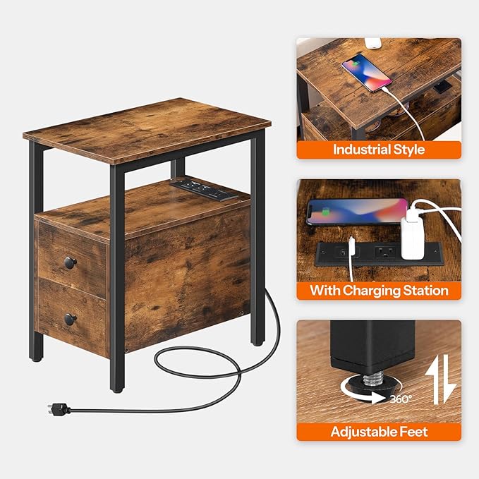 HOOBRO End Table with Charging Station, Narrow Side Table with 2 Drawer & USB - Image 9