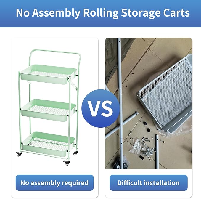JAQ Foldable Rolling Cart, 3-Tier Metal Folding Storage Utility Carts Basket - Image 4