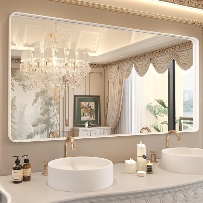 WEER White Bathroom Mirror 72X36 Inch, Rounded Rectangle White Metal Frame by WEER