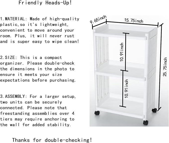 3 Tier Rolling Storage Cart for Bathroom Toilet Side Storage Shelf - Image 6