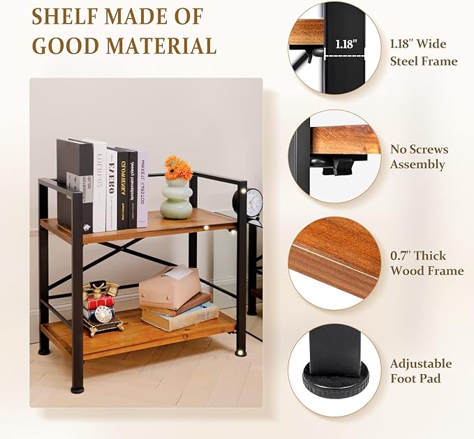 Crofy Rustic Bookshelf, 2 Tier Real Wood Bookshelf, Metal Book Shelf - Image 4