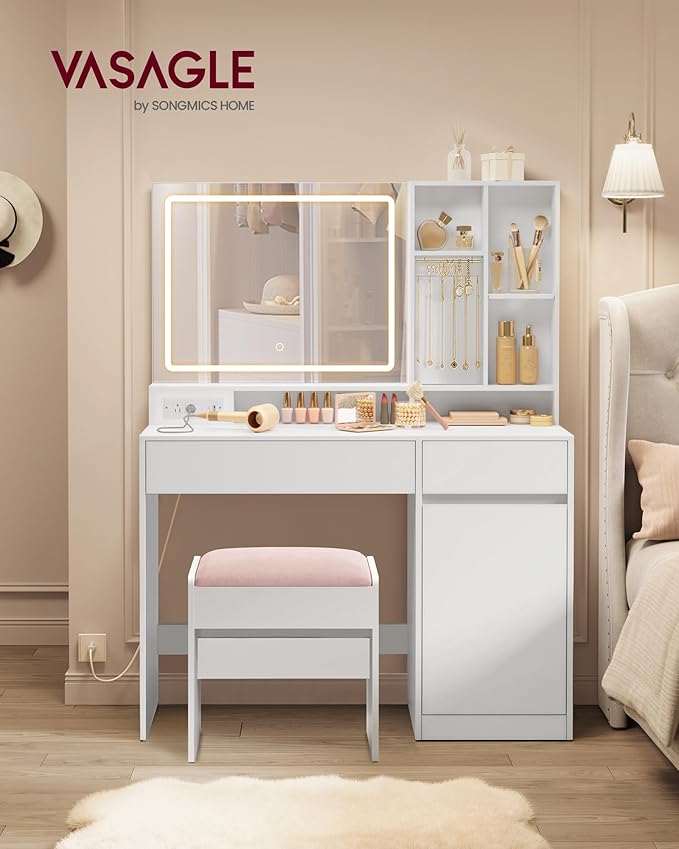 VASAGLE Vanity Desk with Mirror and Lights, Power Outlets, Vanity Table Set - Image 2