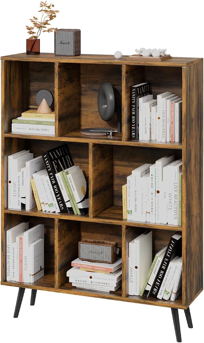 8 Cube Bookshelf 3 Tier Mid-Century Rustic Brown Modern Bookcase - Image 3