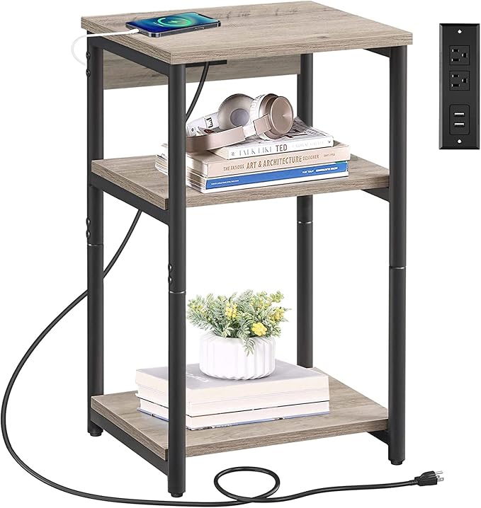TUTOTAK End Table with Charging Station, Nightstand, 3-Tier Couch Side Table - Image 3