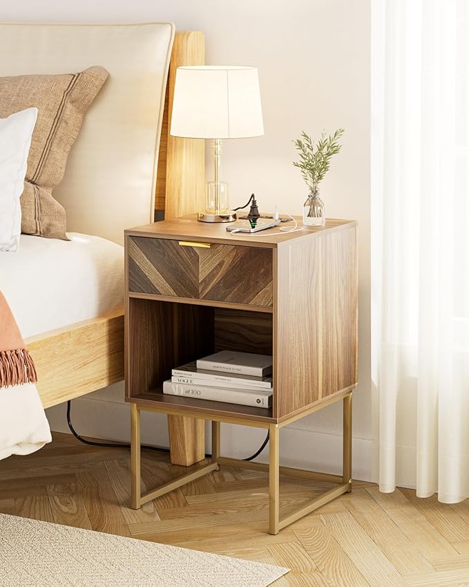 Nightstand with Charging Station, Modern Night Stand Boho Farmhouse Wood - Image 6