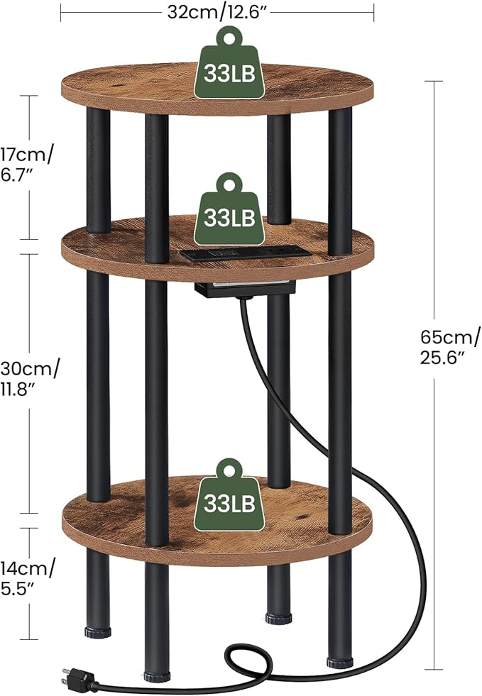 Round Side Table with Charging Station, Small Round End Table, 3-Tier Sofa Side - Image 2