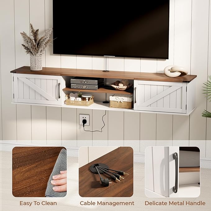 Floating TV Stand with Doors, 2 Tier Wall Mounted TV Stand, Floating - Image 2