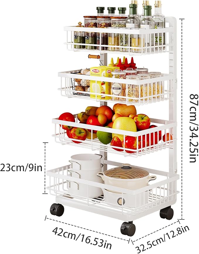 4-Tier Kitchen Storage Cart, Metal Utility Rolling Cart - Image 2