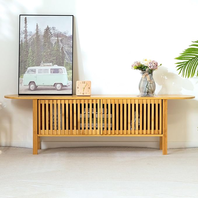 HollyHOME Bamboo TV Stand with Storage - Image 9