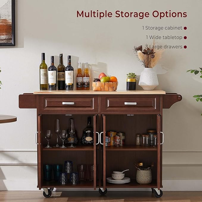 Walnut 54" Rolling Kitchen Island on Wheels, Large Kitchen Cart - Image 4